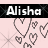 Animated buddy icon featuring the name 'Alisha' above a pattern of pixelated hearts on a light pink background with black text bar.