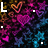 Pixelated icon with multicolored heart and star background, white text spelling 'LOVE' in segmented letters across four