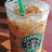Starbucks coffee drinks and logo in a of six pixelated images with green, brown, white, blue, and black colors