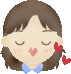 Pixelated cartoon avatar with brown hair and blue bow, showing two expressions: closed eyes with pink heart mouth and red hearts near cheek; open eyes with smiling mouth.