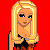 Pixelated image of a blonde woman with blue eyes and brown lipstick, wearing a black top against red background with text.