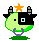 Pixelated cartoon head with split black-and-green face, two gray horns, orange star on top, purple nose ring, green base; animation changes nose ring and star color.