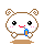 Pixel art character with white body, brown spiral ears, black eyes, pink cheeks, red mouth holding blue-and-orange object on gray background.