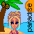 Pixelated beach scene with a woman in a bikini, palm tree, and sun with text on the right.