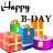Animated contact sheet of a birthday-themed buddy icon showing sequential frame changes with gift boxes, candles, and text elements.