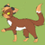 Pixelated brown animal with white patches, yellow eyes, and a curled tail stands against a green background, showing slight pose variations.