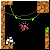 Pixel art scene with orange-brown blocky walls, green vines hanging from top corners, a red-and-pink pixelated creature mid-air near center, and a white-and-gray character on lower-left platform.