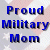 A split-screen animated buddy icon with "Proud Military Mom" text on a starry background and "OriginalIcons.com" branding on green, both in pixelated styles.