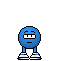 Blue pixelated character with white shoes and black eyes, standing against gray background; speech bubble text changes from 'I'm' to 'I'm sorry' across frames.