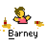 Pixel art contact sheet of 8 animated frames showing a yellow stick figure character in pink shirt with brown hair, holding a bottle and making pouring motions across sequential frames.