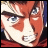 Pixelated anime-style close-up of a character with red hair and blue eyes, next to stylized text on a black background.
