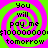 A static image with a bright green and pink spiral background displaying the text "You will pay me $1000000000 tomorrow" in black pixelated font.