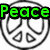 Six peace symbol icons arranged in a , each with distinct color schemes and text styles for the word "Peace"
