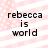 Pixelated text 'rebecca is world' on a pink and white striped background with white dots.