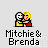 Pixel art of two figures embracing, one with black hair in yellow shirt and red pants, the other blonde in red dress; text "Mitchie & Brenda" below.