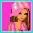 Pixel art contact sheet showing five frames of an animated icon featuring a cartoon girl in pink attire with text elements on a bright pink background.