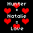 Pixelated red hearts and white text on black background display 'Hunter + Natalie = Love' with heart symbols replacing plus signs.