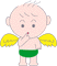 Pixelated cartoon character with bald head, yellow wings, green shorts, and red mouth holding hands near face against gray background.