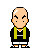 Pixel art character in black robe with green sash and white shorts, shown in six sequential poses from still to multiple hand movements.