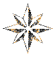 Three star-shaped icons with eight points each, rendered in black, white, and orange pixels on a gray background, displayed in a