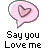 A pixelated instant messaging buddy icon featuring a pink speech bubble with a heart symbol, accompanied by text elements on a gray background.