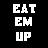 Pixelated text displays 'EAT EM UP' in white on black, then changes to 'BEAT EM UP' in purple on white with additional single-letter icons.