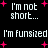 Black background with white pixelated text reading "I'm not short..." and "I'm funsized" surrounded by pink plus signs.