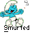 Pixelated blue character with white hat and pants, red mouth, holding a smoking object emitting smoke trails against gray background.