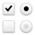 Four pixelated icons arranged in a 2x2 grid: top-left square with black checkmark, top-right circle with solid black center, bottom-left empty white square, bottom-right circle with light gray center.
