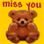 A pixelated brown teddy bear sits against a yellow background with the text 'miss you' above it, shown in two color variations.