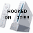 Pixelated image with black text reading "HOOKED ON IT!!!!!" over a gray and white background featuring a blue vertical line.