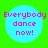 Four identical cyan circles on a bright green background, each containing pink pixelated text reading 'Everybody dance now!' in three lines.