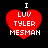 Four identical red heart-shaped icons with white text "I LUV TYLER MESMAN" on black background