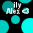 Animated icon with repeating teal circles on black background, text 'ily Alex' and white heart symbol changing between frames.