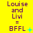 Yellow background with purple text reading "Louise and Livi = BFFL" in three , each showing sequential animation frames of cyan sparkles near the plus sign