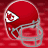 Red football helmet with white and red logo on side, silver face mask, repeated in pattern across red background