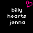 Pixelated image with black background, white text reading 'billy hearts jenna', and a pink heart symbol above the left text block.