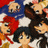 Pixelated anime-style character collage with multiple figures on left, black background with white text on right.
