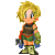 Pixelated character with blonde hair in two poses: left-facing and right-facing, wearing brown vest over orange shirt, green shorts, blue gloves, and green boots.