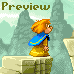 Pixel art character with orange hair and blue cape stands on stone platform against misty mountains, text 'Preview' at top.