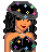 Pixel art of a woman with long black hair wearing a gray hat and matching outfit covered in colorful plus signs, smiling against white background.