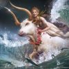 Static image of a winged figure riding a white bull with long curved horns against a stormy sea background.