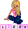 Pixel art of a blonde girl in pink top and dark green pants sitting cross-legged with blue eyes, white earrings, and text 'L;22y' below.