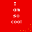 Red background with white pixelated text "I am so cool" arranged in two vertical , yellow pixel dots scattered across the background