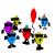 Animated sequence of six pixelated characters in blue, red, yellow, purple, green, and orange holding a single red balloon against white background.