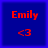 Four identical blue square display red text 'Emily' and a red '<3' symbol on a dark blue background