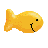Pixelated yellow fish with black eye and mouth on white background, accompanied by pixelated orange text reading 'i love the fishes..' followed by 'cause they're so delicious!' in same style.