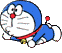 Two side-by-side pixelated Doraemon figures in blue and white with red collars, each with a red nose and closed eyes, positioned in a crawling pose against a gray background.