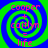 Four identical spiral patterns with green and blue concentric rings, each containing pink text reading 'cooper + carlym = life' in a pixelated font.