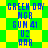 Green and yellow checkered background with blue text repeating 'GREEN DAY MGR SUM 41 U2 AOA' in two vertical , alternating between solid and pixelated text styles